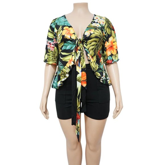 Floral Printed Irregular Lace-Up Shirt Shorts Fashion Casual Two Pieces Set - Picture 5 of 15